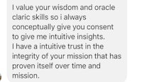 a text message that says i value your wisdom and oracle skills